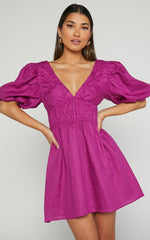 Amalie The Label - Khaila Linen Plunge Puff Sleeve Mini Linen Dress in Mulberry