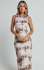 Amayra Midi Dress - High Neck Bodycon Dress in Beige Tie Dye