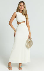 Amy Midi Dress - High Neck Cut Dress with Hardware Detail in Cream