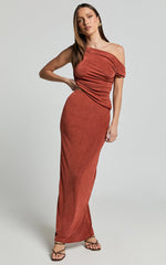 Andre Two Piece Set - One Shoulder Asymmetric Top and Gathered Maxi Skirt Set in Burnt Orange