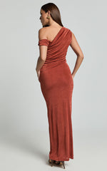 Andre Two Piece Set - One Shoulder Asymmetric Top and Gathered Maxi Skirt Set in Burnt Orange