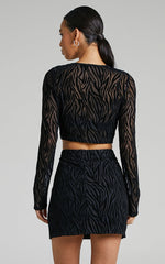 Andrik Two Piece Set - Mesh Long Sleeve Crop Top and Mini Skirt Set in Black Zebra
