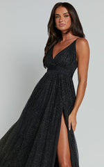 Angelina Midi Dress - Plunge Neck Glitter Neck Dress in Black