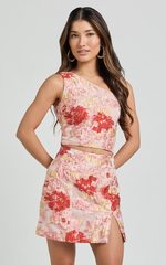 Anita Two Piece Set - One Shoulder Crop Top and Split Mini Skirt Jacquard Set in Rust