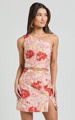 Anita Two Piece Set - One Shoulder Crop Top and Split Mini Skirt Jacquard Set in Rust