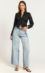 Ansel Shirt - Cinched Waist Collared Button Up Shirt in Black