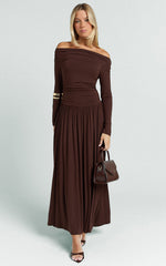 Antonia Midi Dress - Off The Shoulder Long Sleeve Dress in Brown