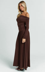 Antonia Midi Dress - Off The Shoulder Long Sleeve Dress in Brown