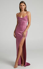 Ardent Maxi Dress - Cowl Neck Tie Back Satin Dress in Orchid