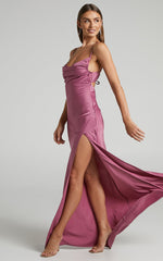 Ardent Maxi Dress - Cowl Neck Tie Back Satin Dress in Orchid
