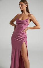 Ardent Maxi Dress - Cowl Neck Tie Back Satin Dress in Orchid