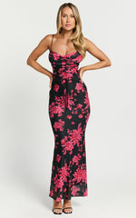 Ariel Midi Dress - Mesh Bodycon Tie Detail Dress in Black & Red Floral