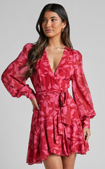 Aronia Mini Dress - V Neck Long Bishop Sleeve Ruffle Hem Wrap Dress in Havana Silhouette floral