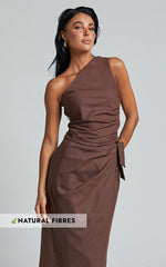 Bailey Top - Linen One Shoulder Pleated Bodice Top in Chocolate