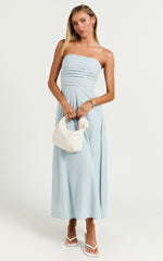 Barbra Midi Dress - Strapless Ruched Bodice Dress in Blue