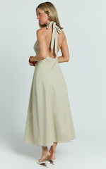 Beata Midi Dress - Plunge Halter A Line Dress in Sage