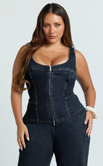 Bellerose Top - Front Zip Denim Fitted Top in Raw Denim with Tobacco Stitch
