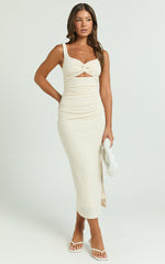 Bianca Midi Dress - Twist Front Cut Out Ruched Dress in Cream