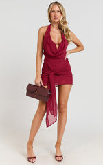 Bijou Mini Dress - Halter Low Cowl Gathered Bodycon Dress in Dark Red