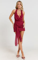 Bijou Mini Dress - Halter Low Cowl Gathered Bodycon Dress in Dark Red