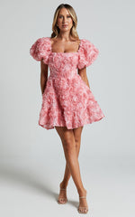 Blanca Mini Dress - Puff Sleeve Dress in Pink Floral