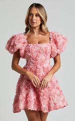 Blanca Mini Dress - Puff Sleeve Dress in Pink Floral