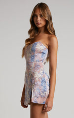 Brailey Mini Dress - Strapless Dress in Pink and Blue Jacquard