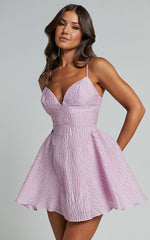 Brandi Mini Dress - Bust Cup Full Hem Textured Jacquard Mini Dress in Light Pink