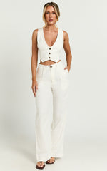 Bree Top - Linen V Neck Button Up Cropped Vest in White