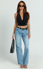 Britta Top - Cowl Neck Halter Crop Top in Black