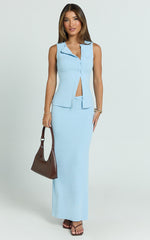 Brittany Two Piece Top and Skirt Set - Ribbed Midi Skirt Set in Pale Blue