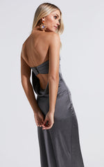 Charlita Maxi Dress - Strapless Cowl Back Satin Dress in Charcoal