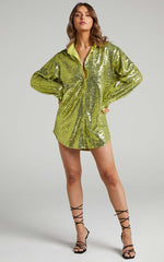 Cally Mini Dress - Oversized Shirt Dress in Green Sequin