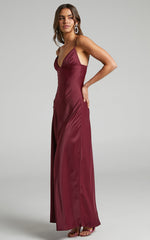 Cariela Maxi Dress - Plunge Neck Satin Dress in Wine
