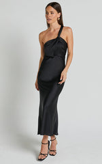 Carmella Midi Dress - One Shoulder Twist Detail Dress in Black