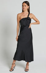 Carmella Midi Dress - One Shoulder Twist Detail Dress in Black