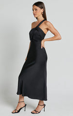 Carmella Midi Dress - One Shoulder Twist Detail Dress in Black