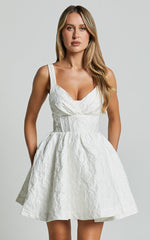 Cate Mini Dress - Sweetheart Pleated Bust Jacquard Mini Dress in White