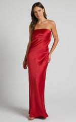 Charlita Maxi Dress - Strapless Cowl Back Satin Dress in Cherry Red