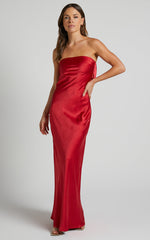 Charlita Maxi Dress - Strapless Cowl Back Satin Dress in Cherry Red