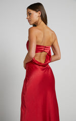 Charlita Maxi Dress - Strapless Cowl Back Satin Dress in Cherry Red