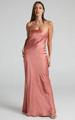 Charlita Maxi Dress - Strapless Cowl Back Satin Dress in Peach