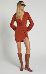 Charmine Mini Dress - Twist Front Long Sleeve Dress in Rust