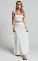 Cherylene Two Piece Set - Knitted Square Neck Crop Top and Midi Skirt Set in Off White