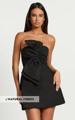 Chika Mini Dress - Linen Strapless Front Bow Dress in Black
