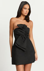 Chika Mini Dress - Linen Strapless Front Bow Dress in Black