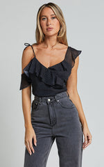 Chrislyn Top - Asymmetric Frill Top in Black Polka