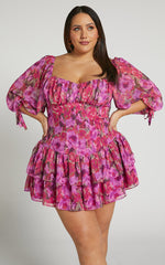 Clabelle Mini Dress - Puff Sleeve Tiered Ruffle Hem Sweetheart Dress in Violette Blur Floral