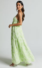 Claya Midi Dress - Sleeveless Straight Neckline Floral Detail Dress in Lime