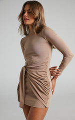 Marleen Mini Dress - Wrap Front Long Sleeve Bodycon Dress in Biscuit